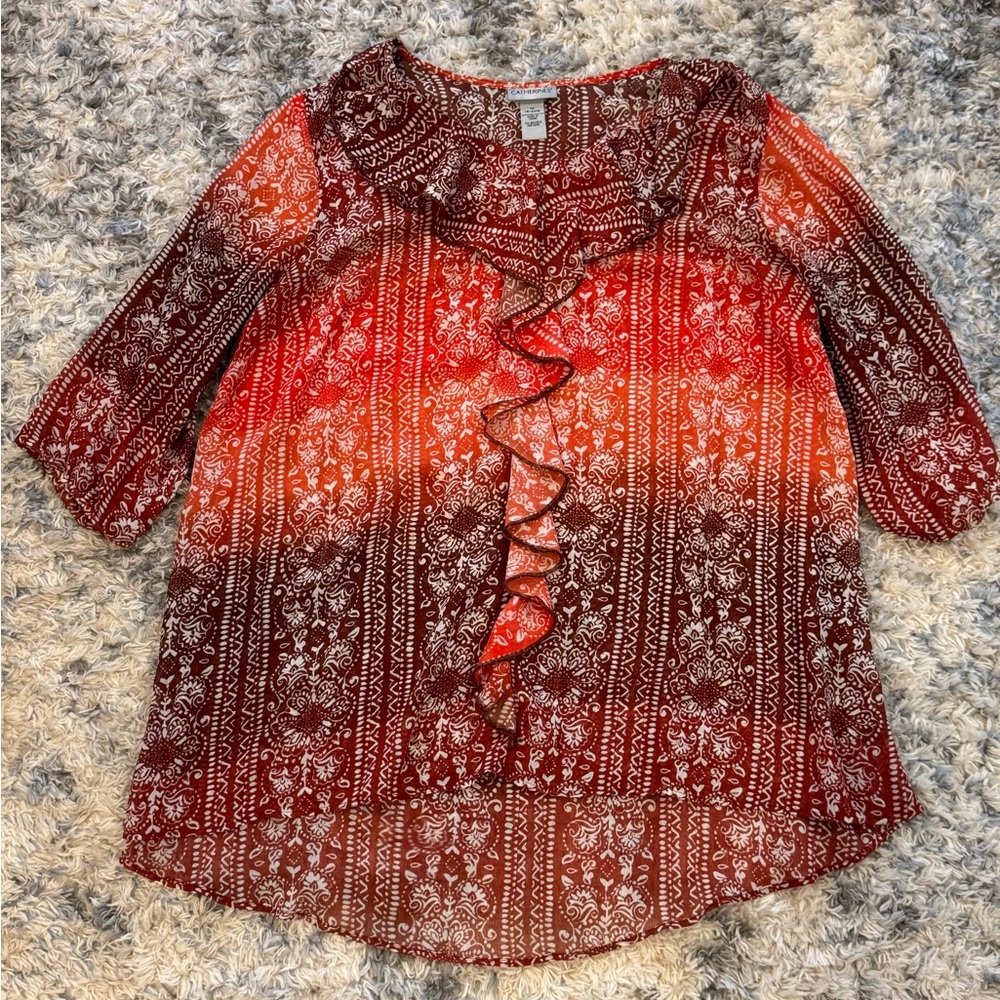 Catherines Top Womens Plus Size 1X Multicolor Ombre 3/4 Sleeve Ruffle Blouse
